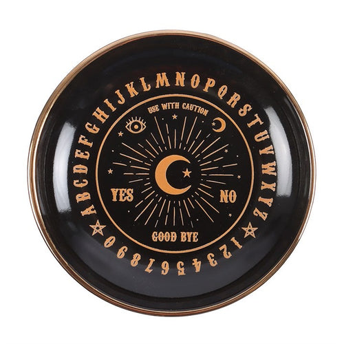 Black and gold talking board ceramic trinket dish — close up of gold detail