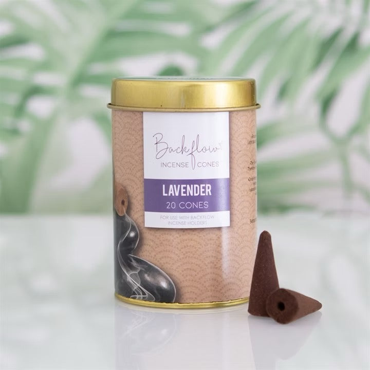 Backflow Incense Cones container with lavender cones on a light background
