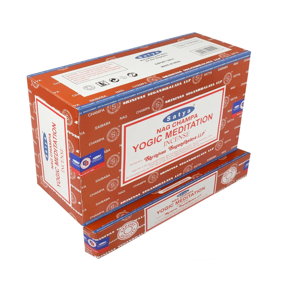 Two boxes of Satya Nag Champa Yogic Meditation incense on a white background