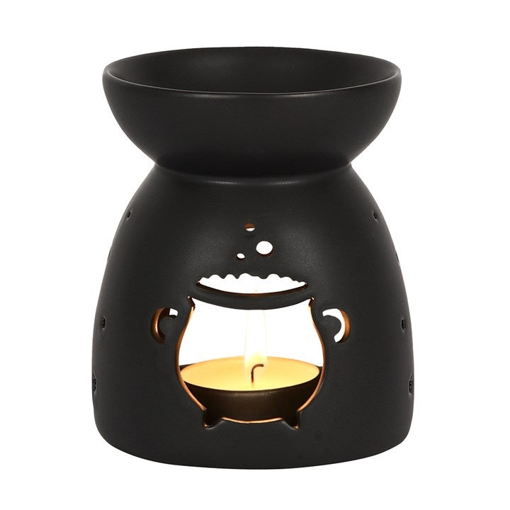 Black cauldron cut out ceramic oil burner — front view showing matt finish
