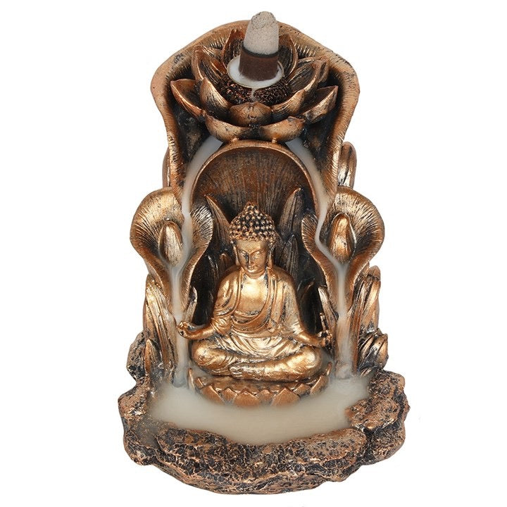 Bronze Buddha backflow burner with cascading waterfall smoke effect