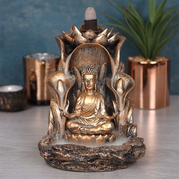 Bronze Buddha resin backflow incense burner — front view showing lotus leaf design