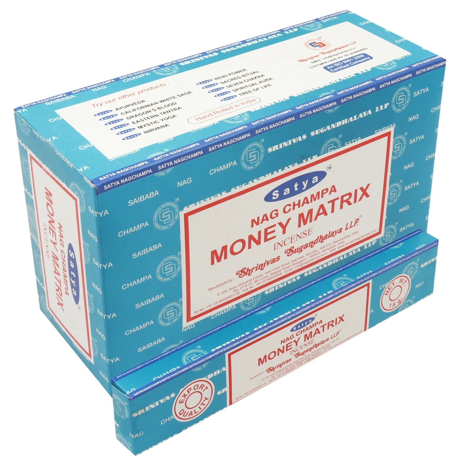 Two boxes of Satya Nag Champa Money Matrix incense on a white background