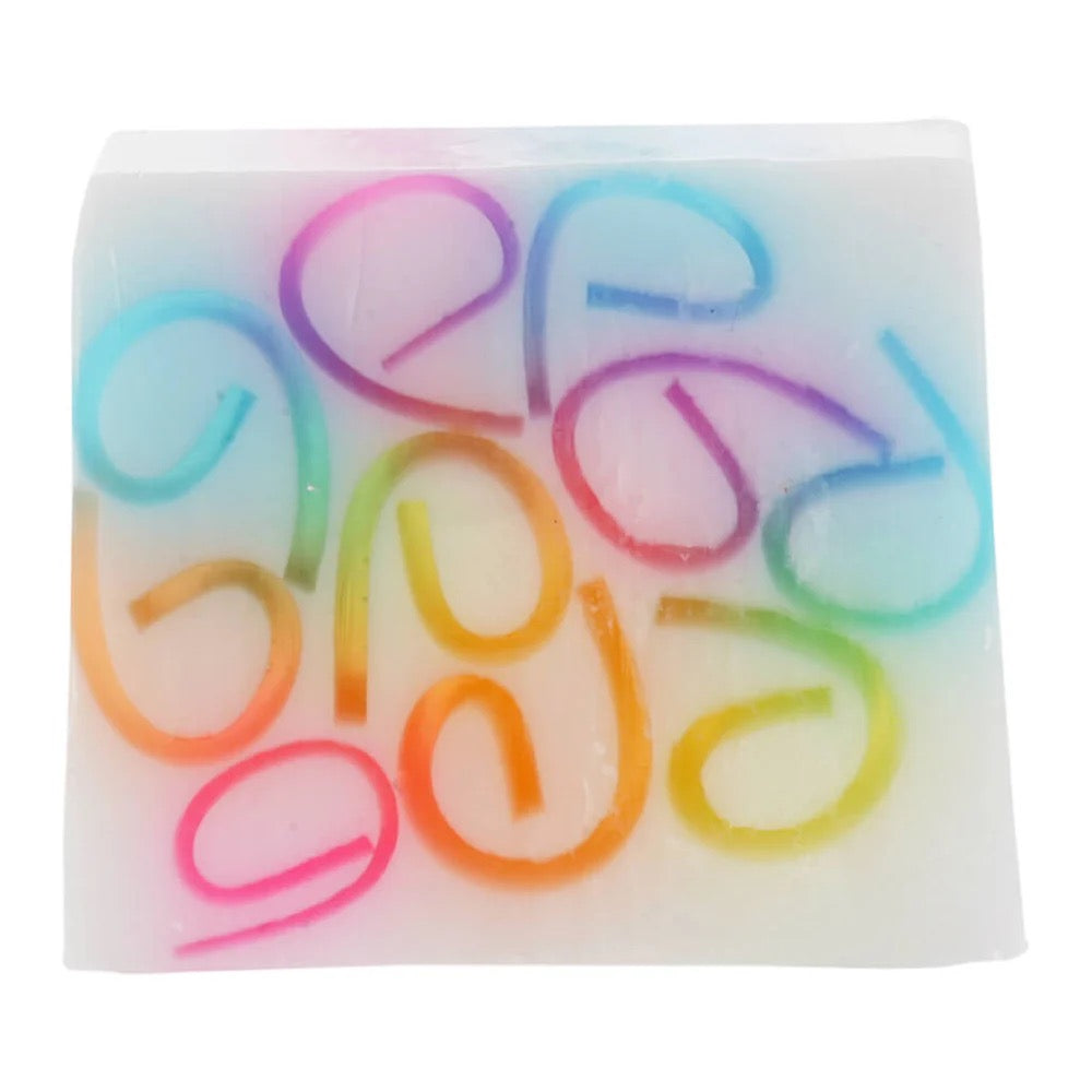 Colorful letter-shaped rubber bands on a white background