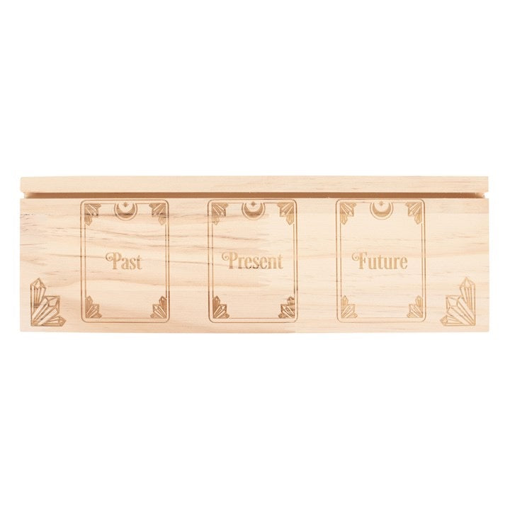 Wooden box with 'Past', 'Present', and 'Future' compartments on a white background