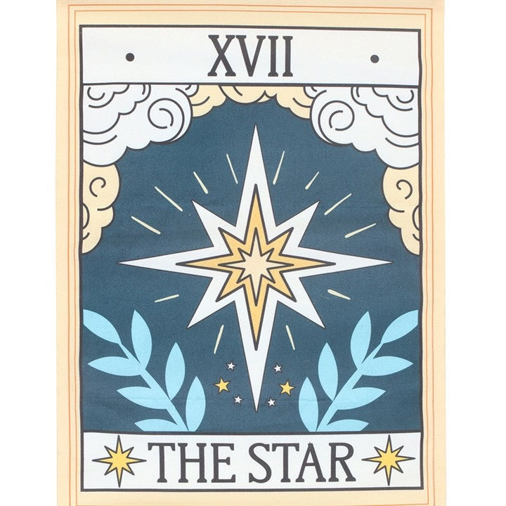 Tarot card titled 'The Star' with a star design and decorative elements on a blue background.
