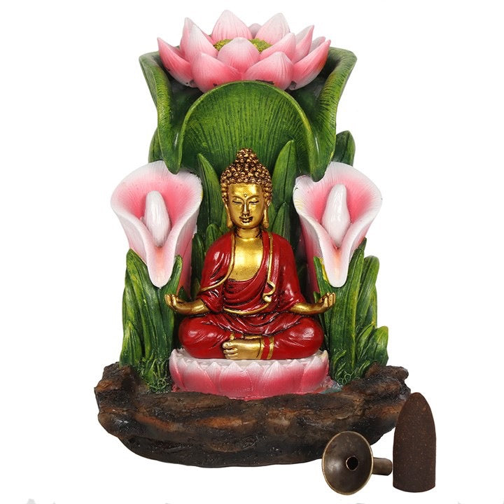 Decorative fountain with Buddha statue and lotus flowers on a white background