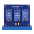 All Seeing Eye jewellery display with necklaces and earrings on blue stands.