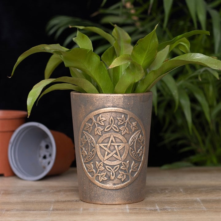 riple Moon bronze terracotta plant pot — front view showing Lisa Parker artwork