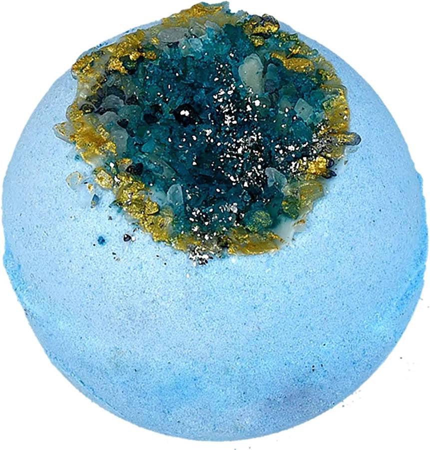 Blue bath bomb with a textured surface and embedded materials on a white background