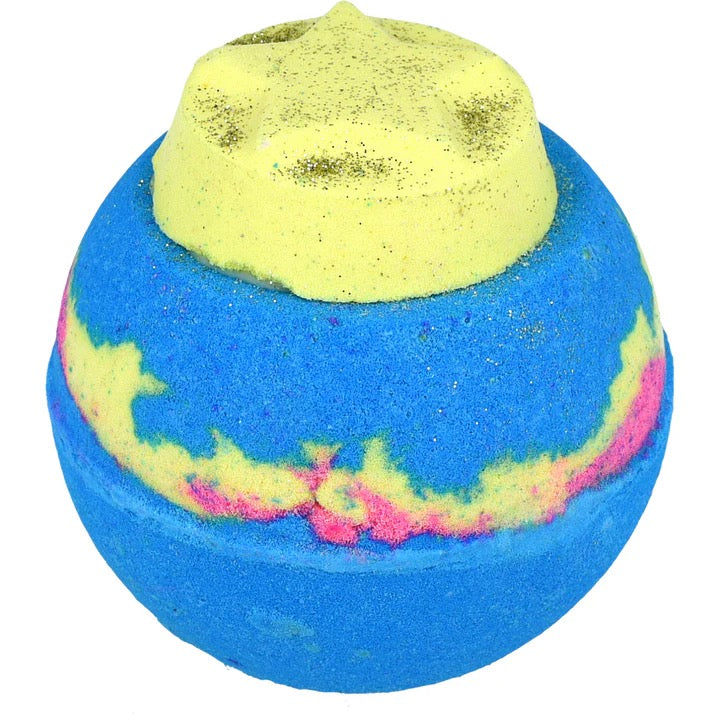 Colorful bath bomb with a yellow top on a white background