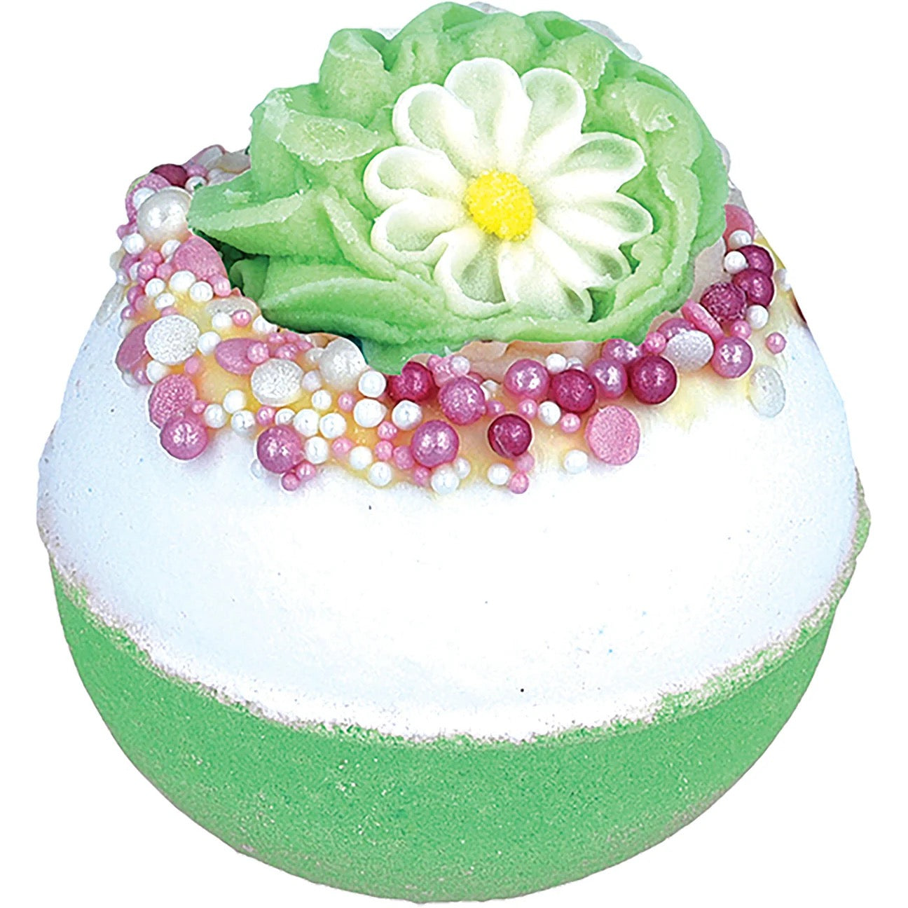Decorative bath bomb with a flower and beads on a white background