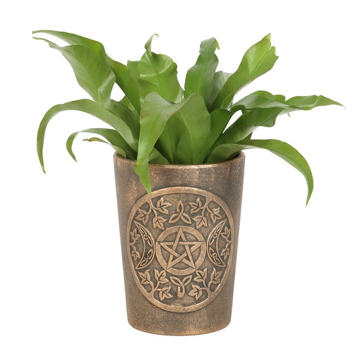 riple Moon bronze terracotta plant pot — front view showing Lisa Parker artwork