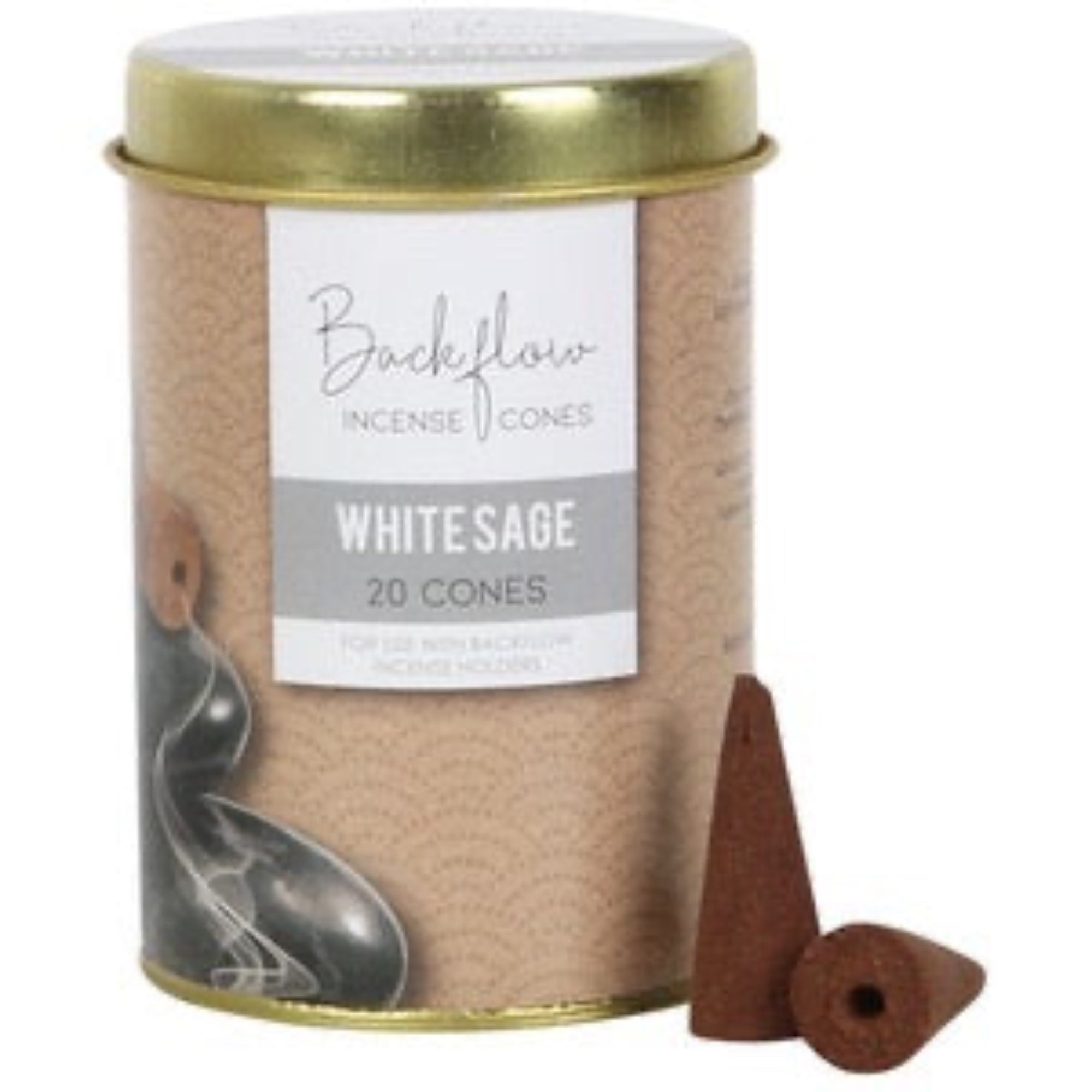 Backflow Incense Cones tin with a white label and incense cones on a white background