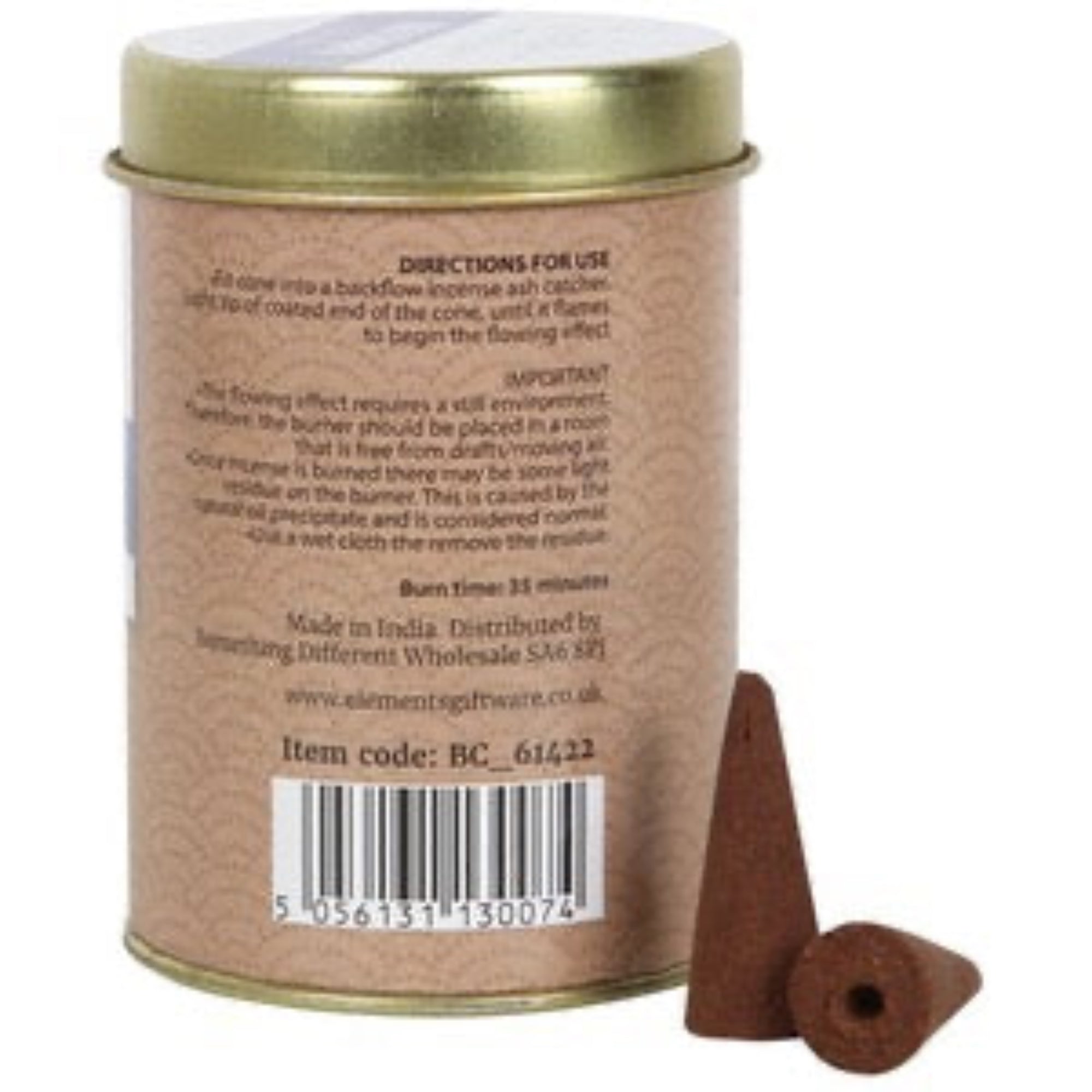 Incense cone packaging with a cone and gold lid on a white background