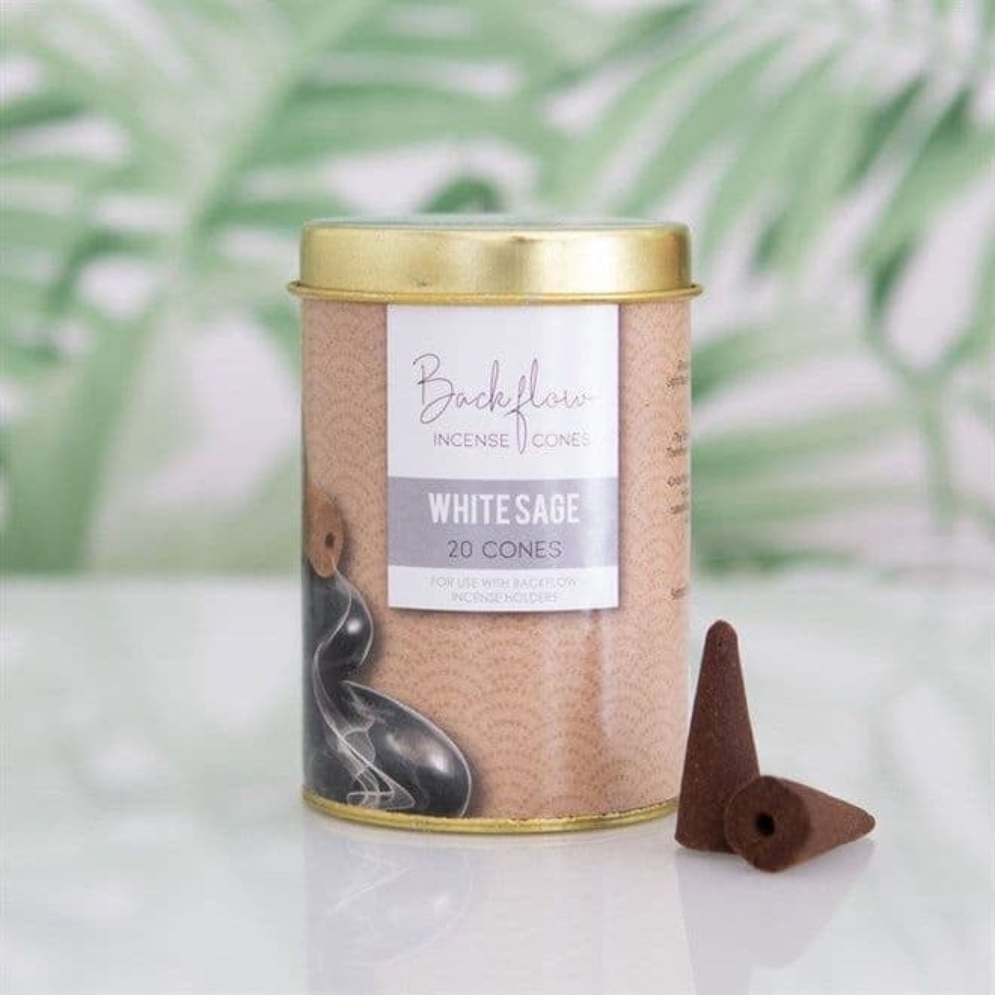Backflow Incense Co. white sage incense cones packaging with two cones on a light background