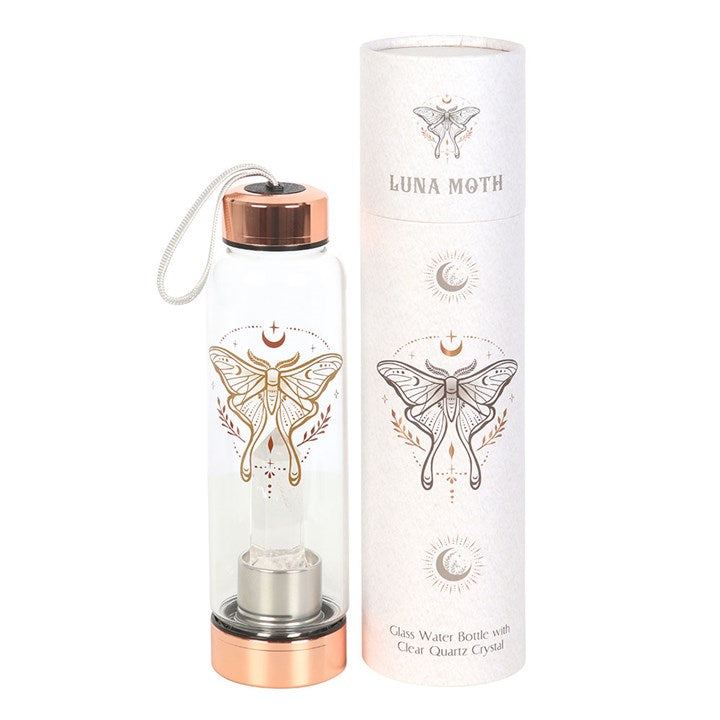 Close-up of luna moth design on glass water bottle showing detailed wing pattern and embedded clear quartz crystal