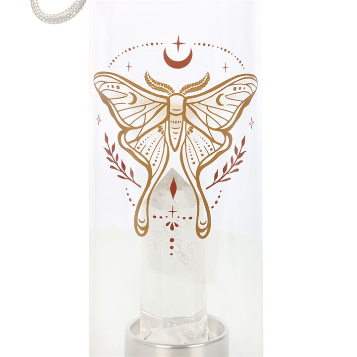 Side view of 500ml glass water bottle featuring luna moth artwork and genuine clear quartz crystal