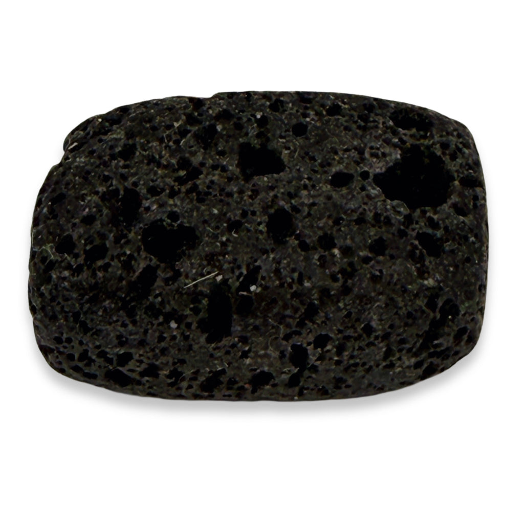 Black volcanic stone with a porous texture on a white background