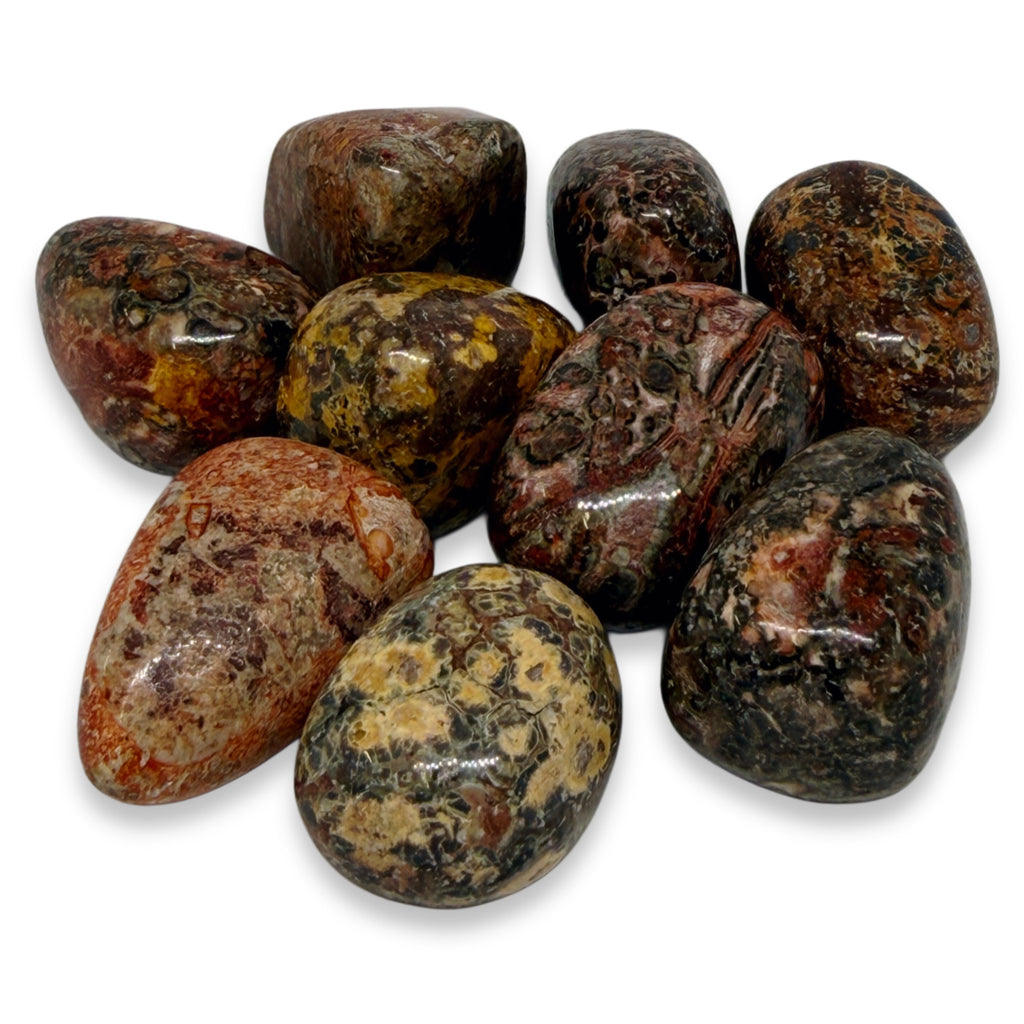 Collection of polished multicolored stones on a white background