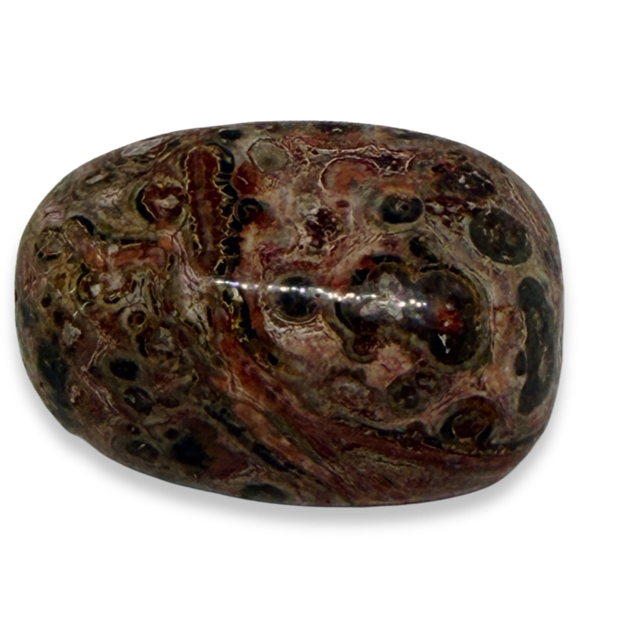 Marbled stone with brown, black, and red colors on a white background
