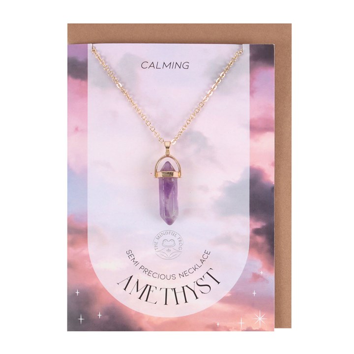 Amethyst necklace on a card with 'Calming' and 'Semi Precious Necklace' text, against a pink and purple gradient background.