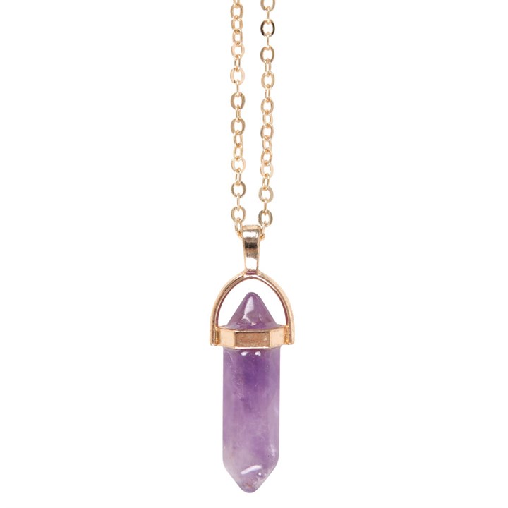 Necklace with a purple crystal pendant on a white background