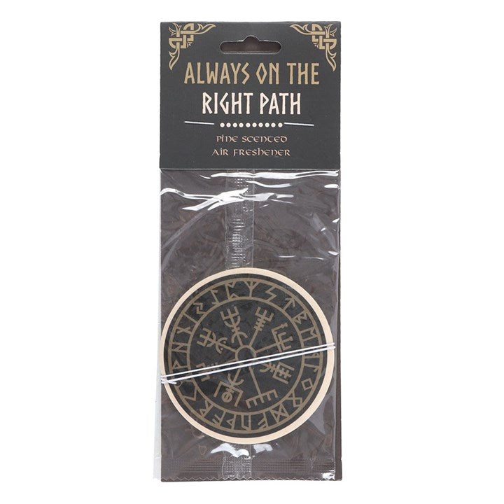 Packaged air freshener with compass design and 'Always on the Right Path' text.