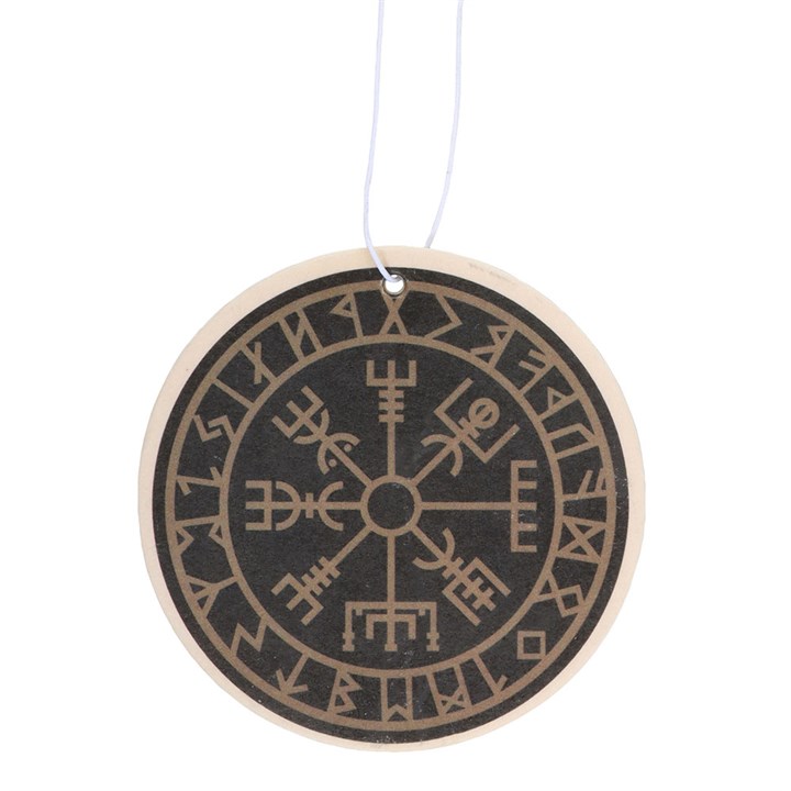 Round wooden pendant with Runes design on a white background