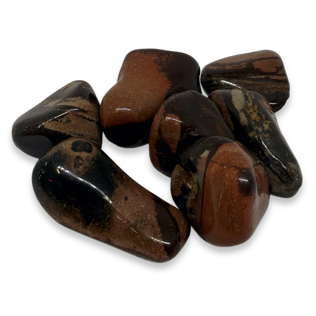 Collection of brown and black stones on a white background