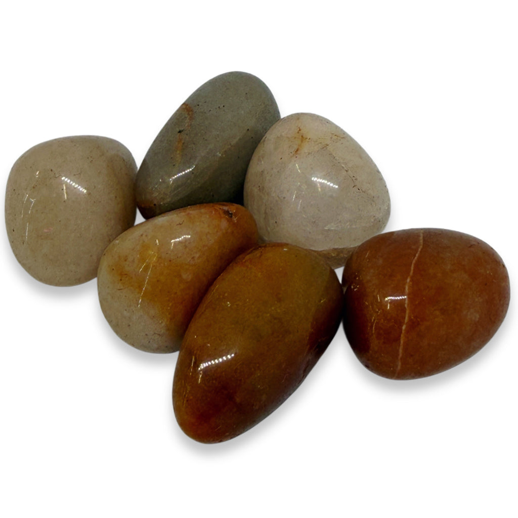 Set of polished stones in various shades of brown and gray on a white background