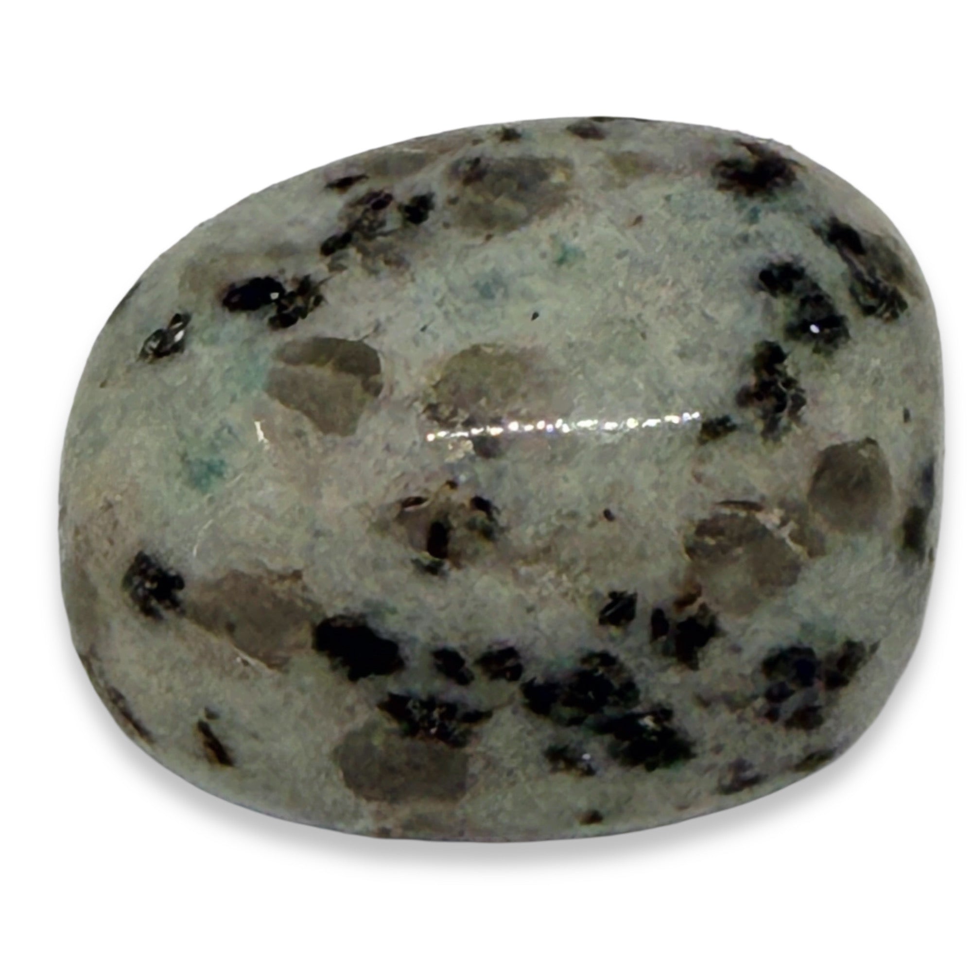 Polished stone with speckled pattern on a white background
