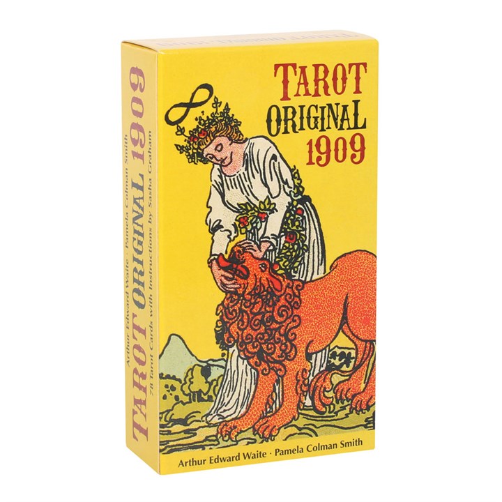 Tarot Original 1909 box with a colorful illustration of a woman and lion on a yellow background
