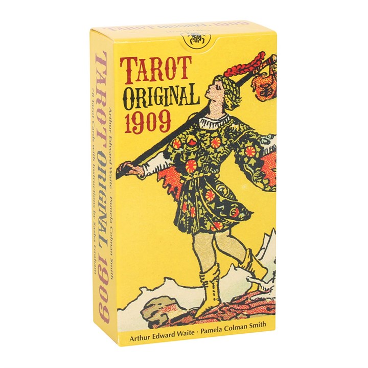 Box of Tarot Original 1909 cards with a colorful illustration on a yellow background