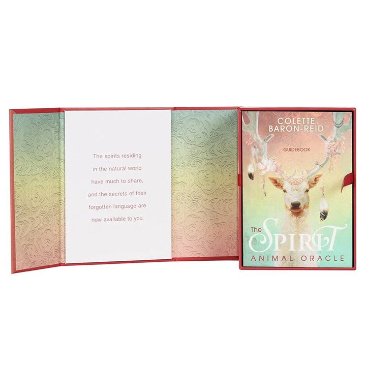 Open book with 'The Spirit Animal Oracle' guidebook and cover featuring a deer illustration on a white background.
