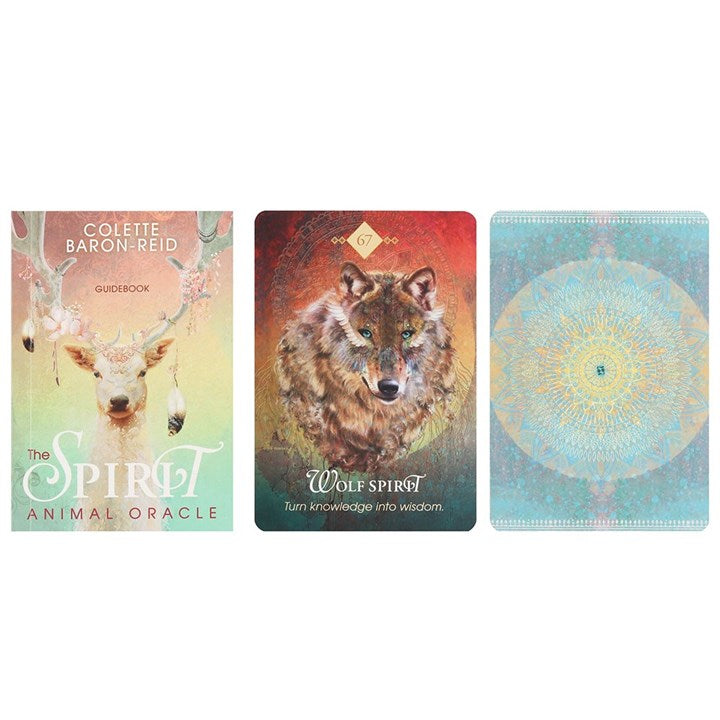 Three card designs from 'The Spirit Animal Oracle' with animals and mandala patterns on a white background.