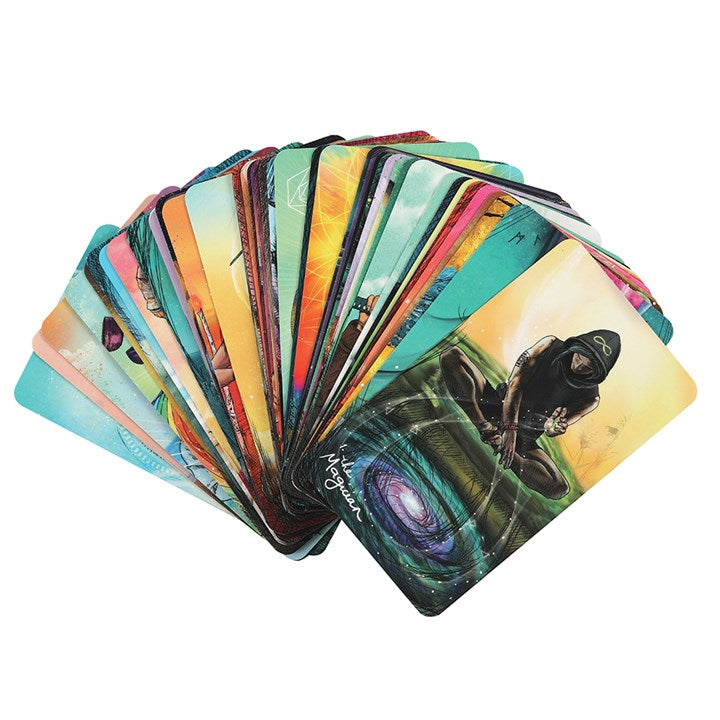 Set of colorful tarot cards with various designs on a white background