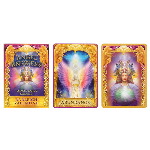 Three Oracle Cards from the 'Angel Answers' series with colorful designs and angel illustrations on a white background.