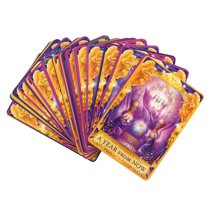 Set of tarot cards with a purple and gold design on a white background