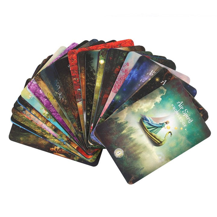 Set of colorful tarot cards with various designs on a white background