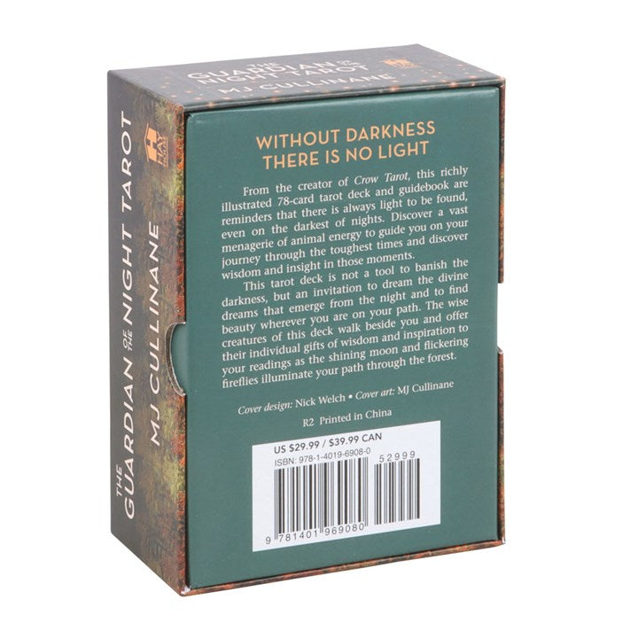 Box of 'The Guardian of the Night Tarot' with text and branding on a white background