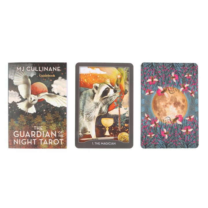 Three tarot cards from 'The Guardian of the Night Tarot' by M.J. Cullinane on a white background.