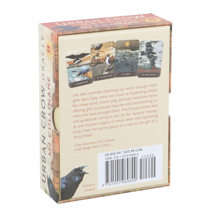Back view of a book titled 'Urban Crow Oracle' with illustrations and text on a white background.