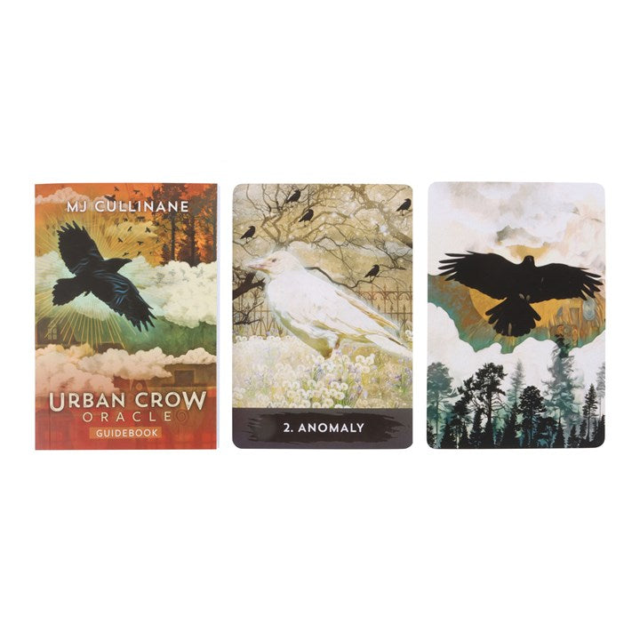 Three cards from the 'Urban Crow Oracle' set on a white background