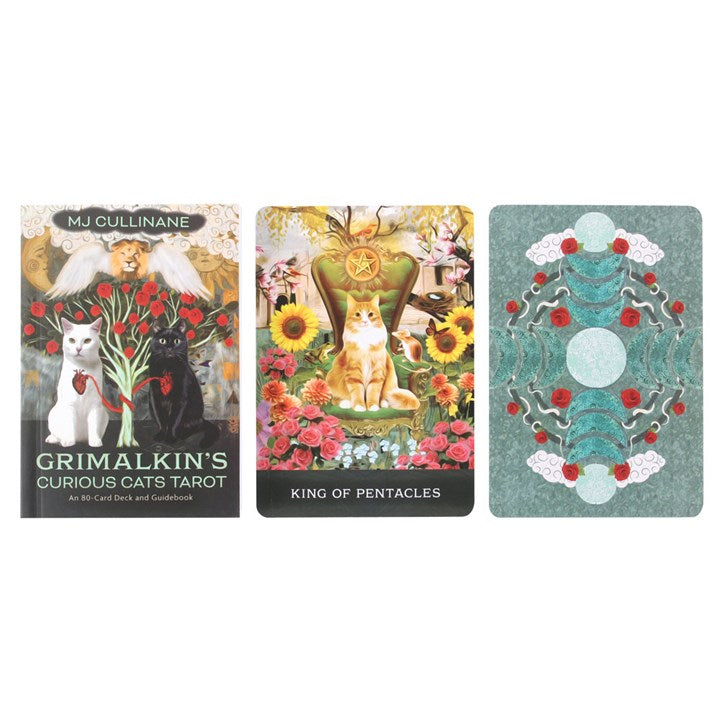 Three tarot cards from 'Grimalkin's Curious Cats Tarot' on a white background