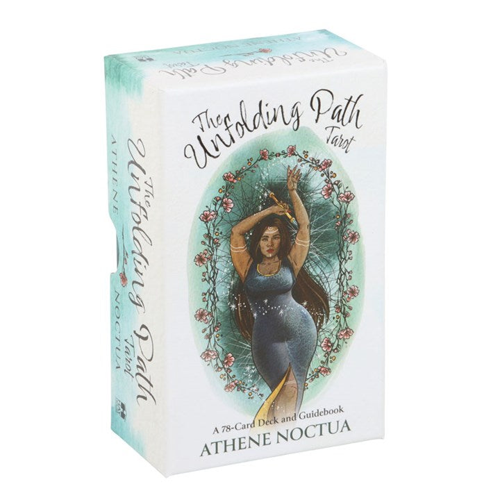 Tarot card box titled 'The Unfolding Path Tarot' by Athene Noctua on a white background