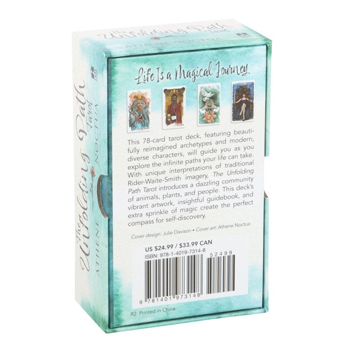 Card deck packaging with illustrations of tarot cards and text on a white background