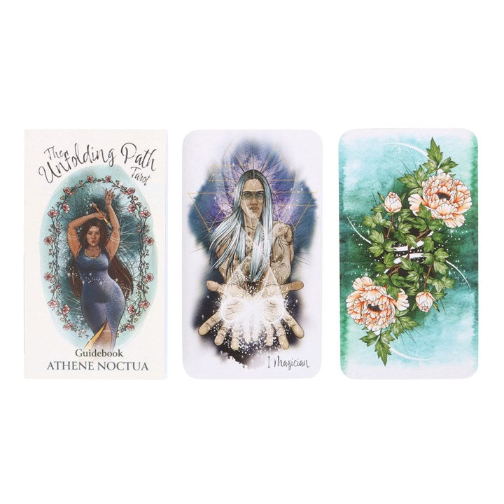 Three tarot cards with artistic designs on a white background