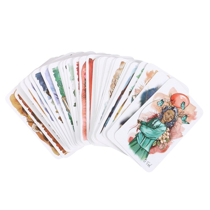 Fanned deck of tarot cards with colorful illustrations on a white background