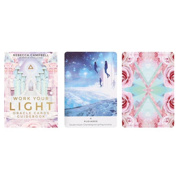 Three Oracle Cards from 'Work Your Light' by Rebecca Campbell on a white background